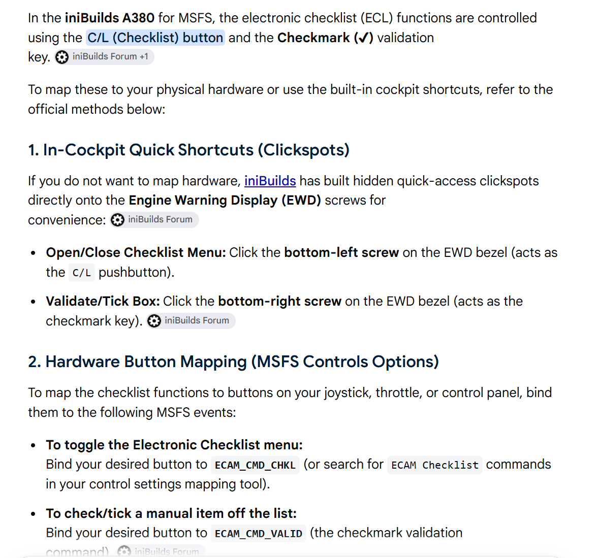Checklist and 'tick' buttons on the ECM